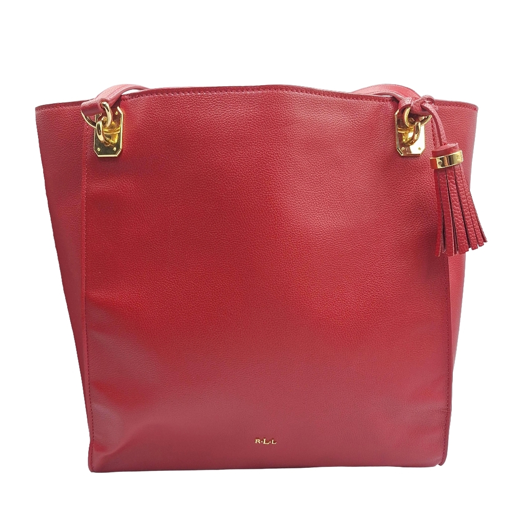 Ralph Lauren Large Red Saffiano Leather Tassel Tote - Picture 2 of 14
